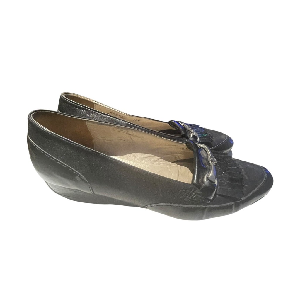 VTG BALLY "EBENE" BLACK/BLACK Leather‎ Slip-On Fringe Loafer Women's 6.5 M logo